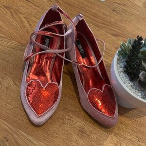 Irregular Choice Pink Flats with Red Sequin Hearts